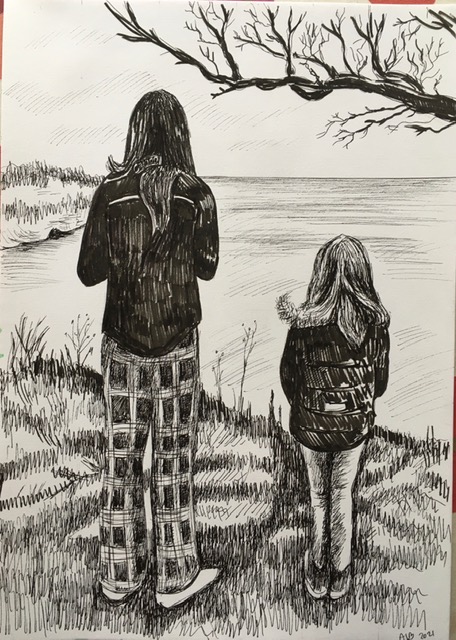 2 piger tegning af Ann-Louise Bergström
